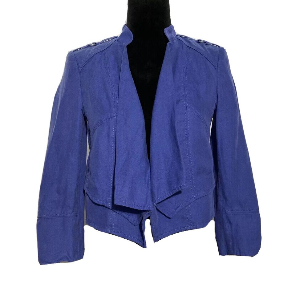 White House Black Market Blazer 2 Cobalt Blue Linen Bl Crop Open Drape Lapel LN
